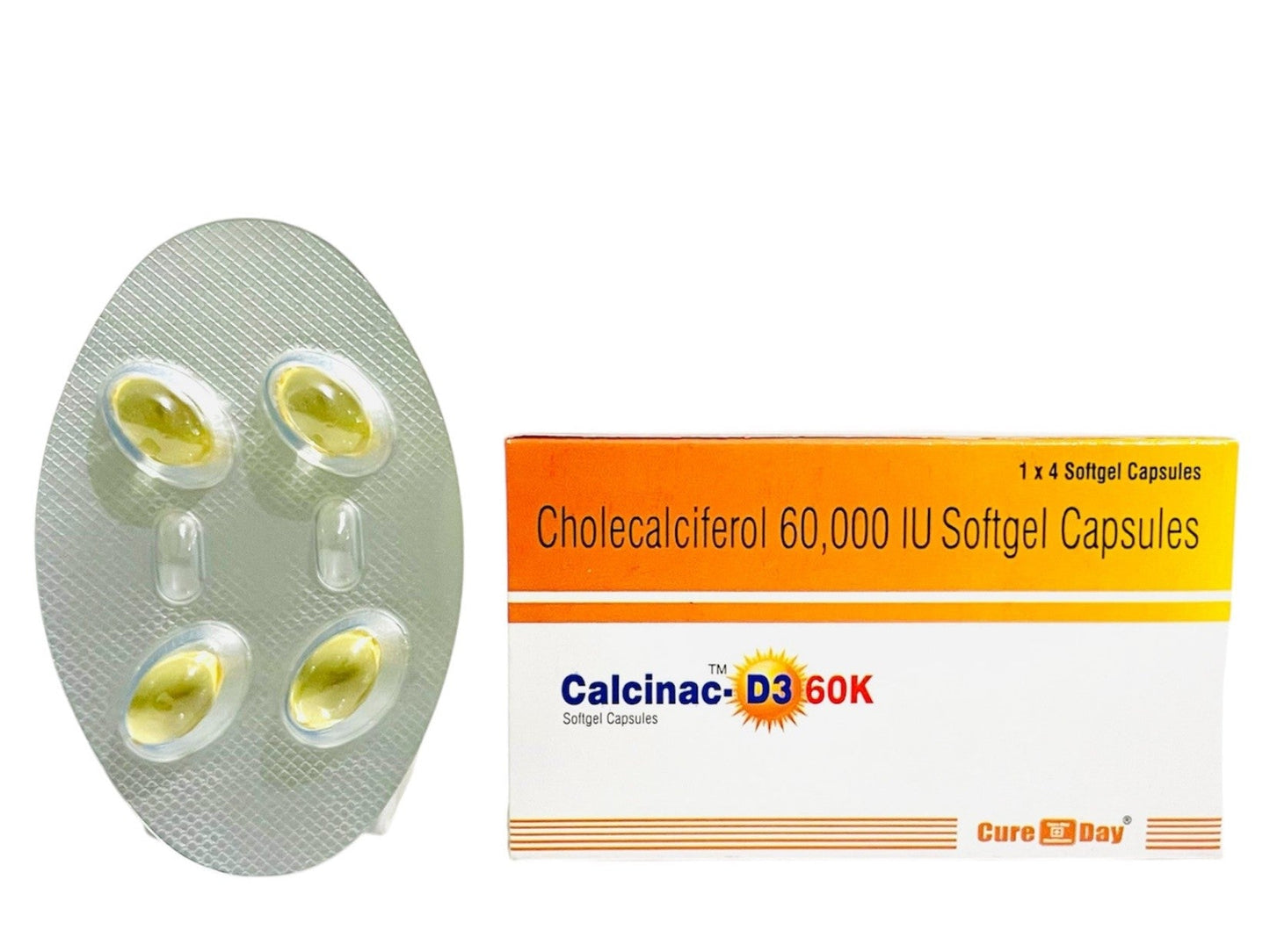 Cholecalciferol 60000 IU softgel capsules Calcinac D3 60K by Cure Day Healthcare blister pack and box