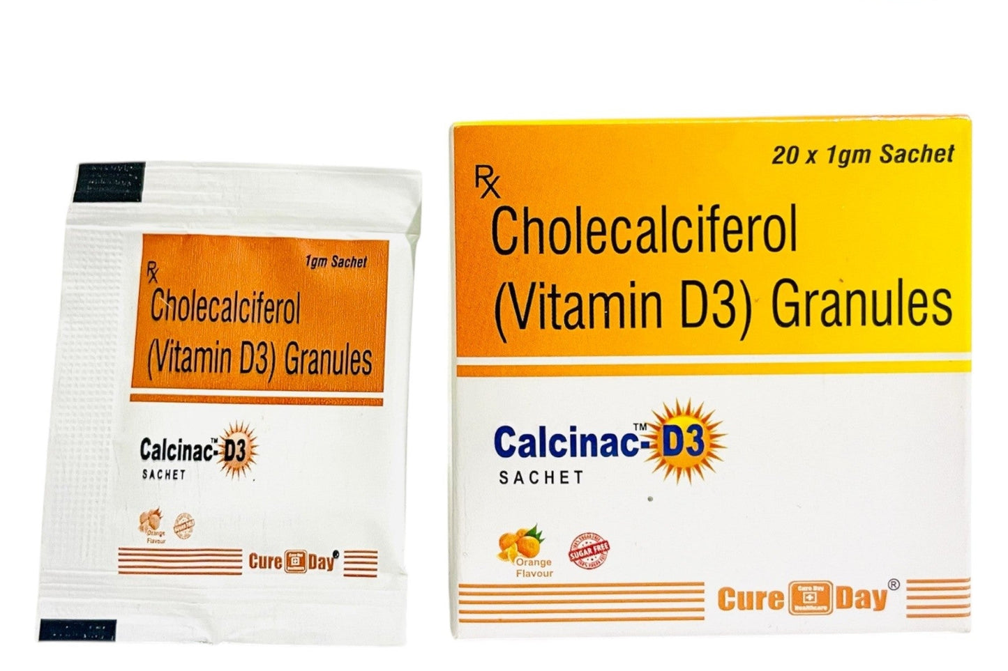 CalcinaC-D3 Cholecalciferol Vitamin D3 granules sachet and box by Cure Day Healthcare, orange flavor