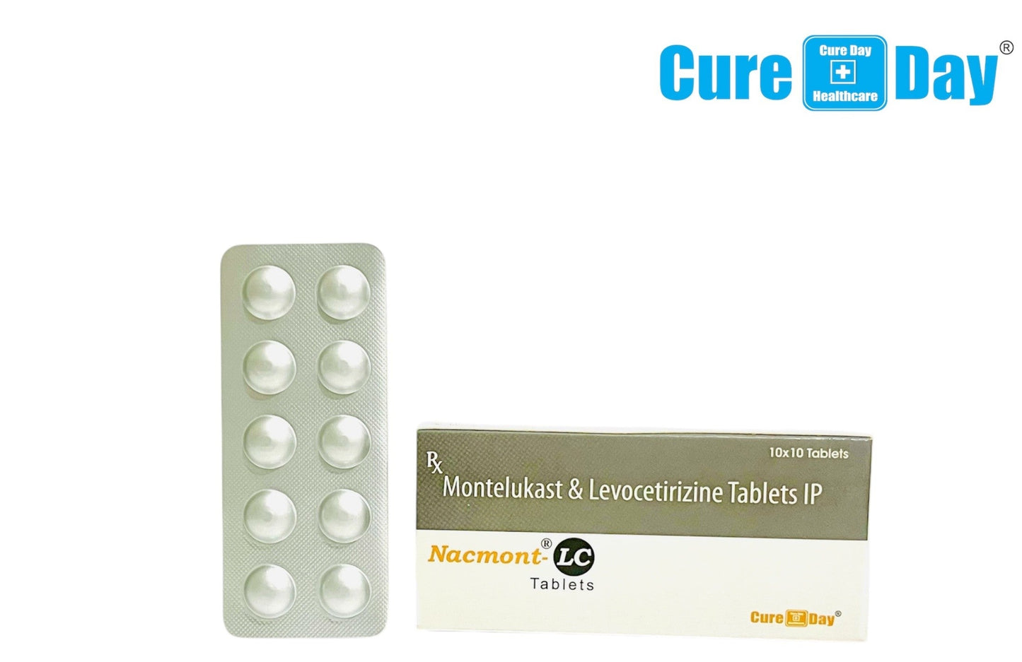 Packaging of Montelukast & Levocetirizine Tablets with Cure Day Healthcare branding on a white background.