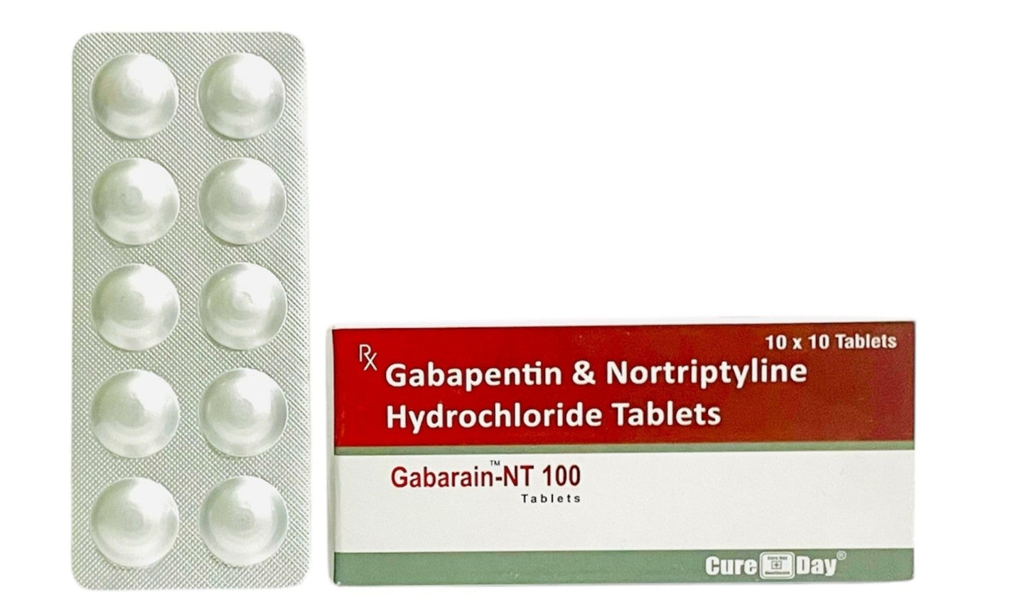 Packaging of Gabapentin & Nortriptyline Hydrochloride Tablets with Cure Day Healthcare logo on a white background.