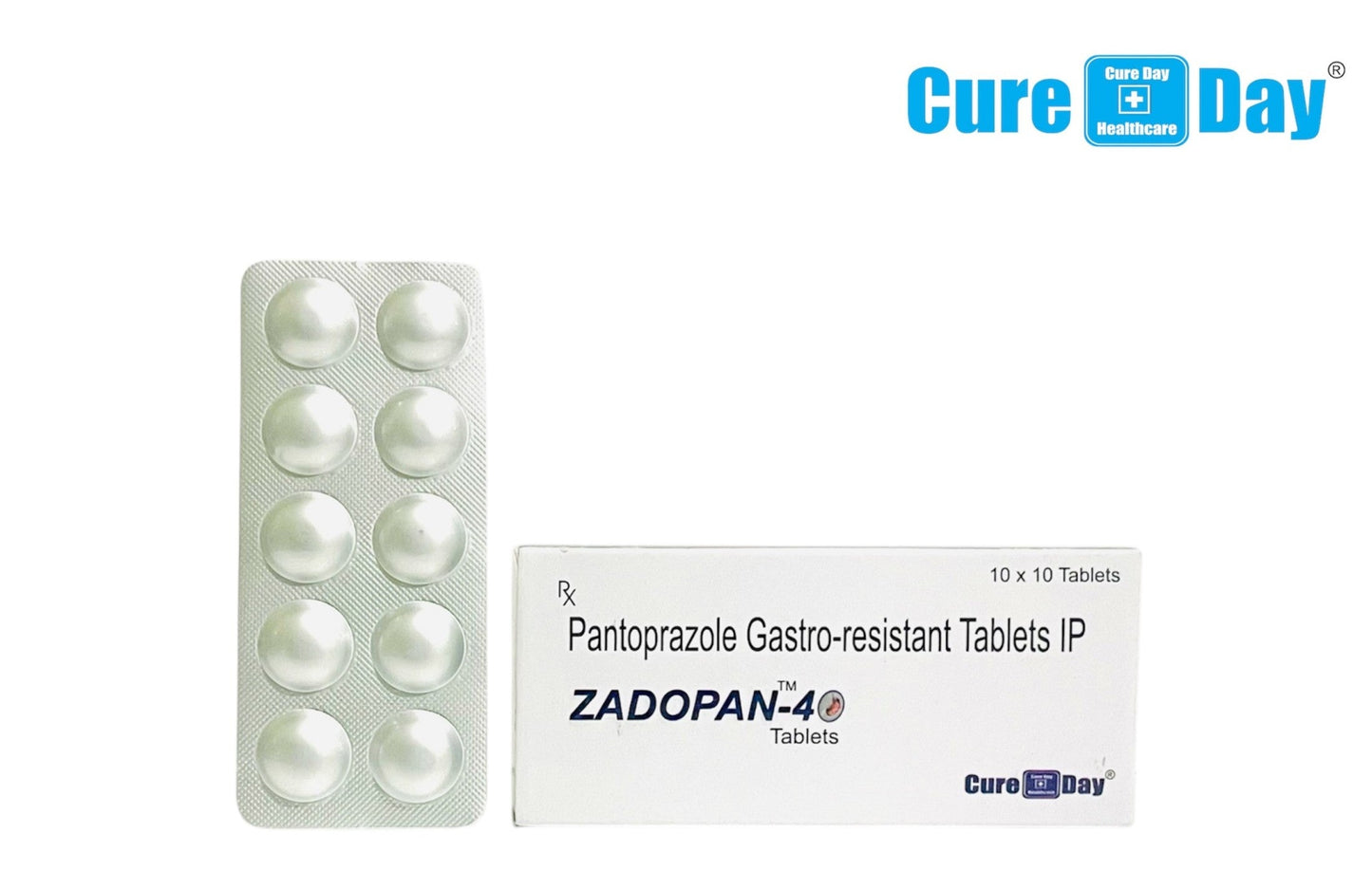 Pantoprazole gastro-resistant tablets packaging with Cure Day Healthcare logo on a white background