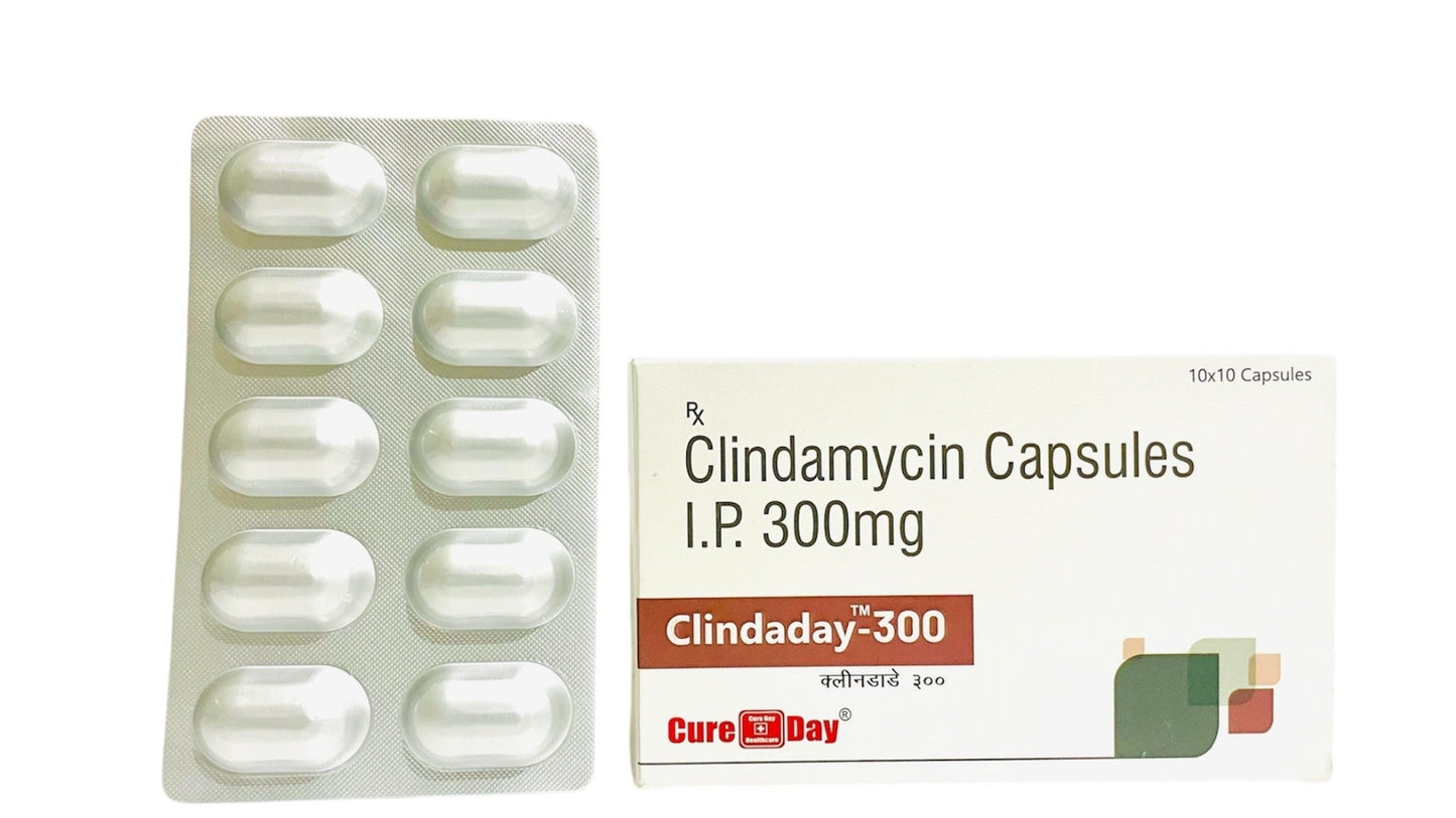 Blister pack and box of Clindamycin Capsules 300mg by Cure Day Healthcare, India pharma brand