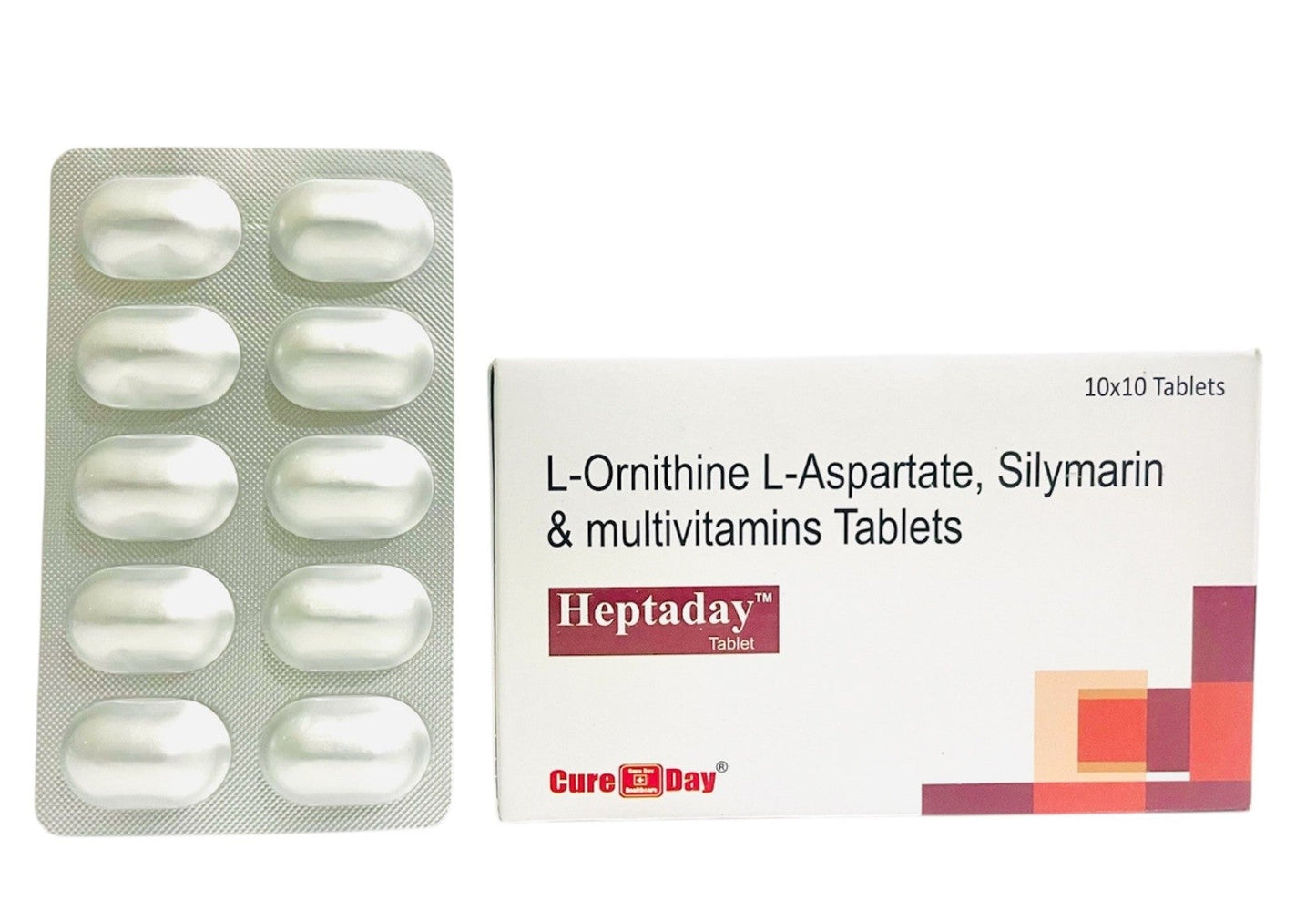 Cure Day Healthcare packaging with tablets and a box on a white background