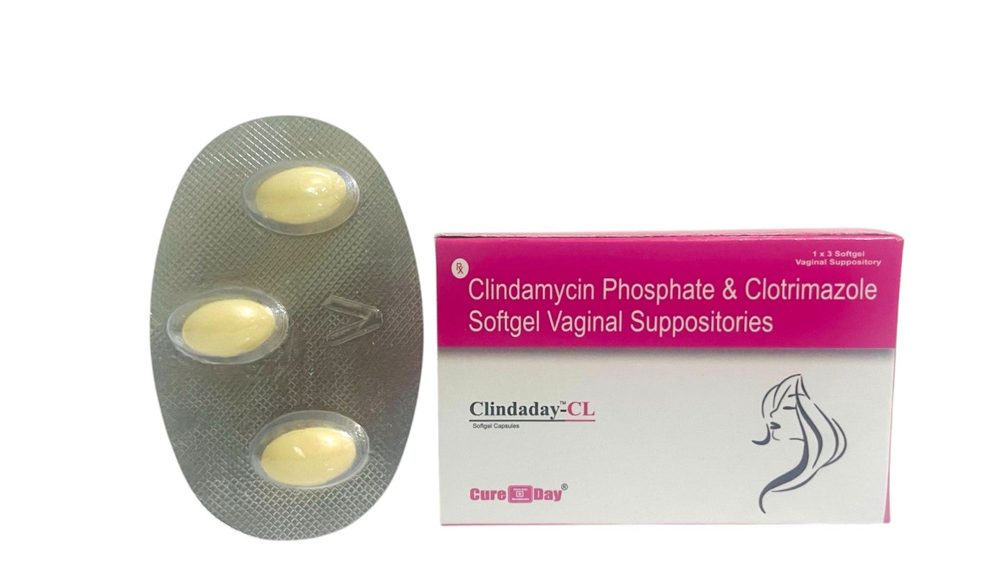 Clindamycin phosphate and clotrimazole softgel vaginal suppositories box and blister pack by Cure Day Healthcare