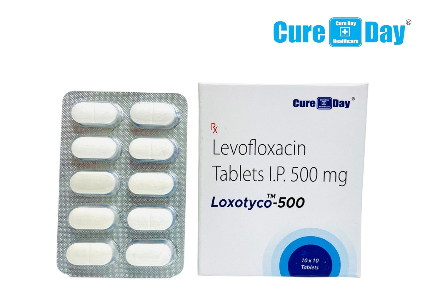 Levofloxacin tablets packaging with 'Cure Day Healthcare' branding on a white background.