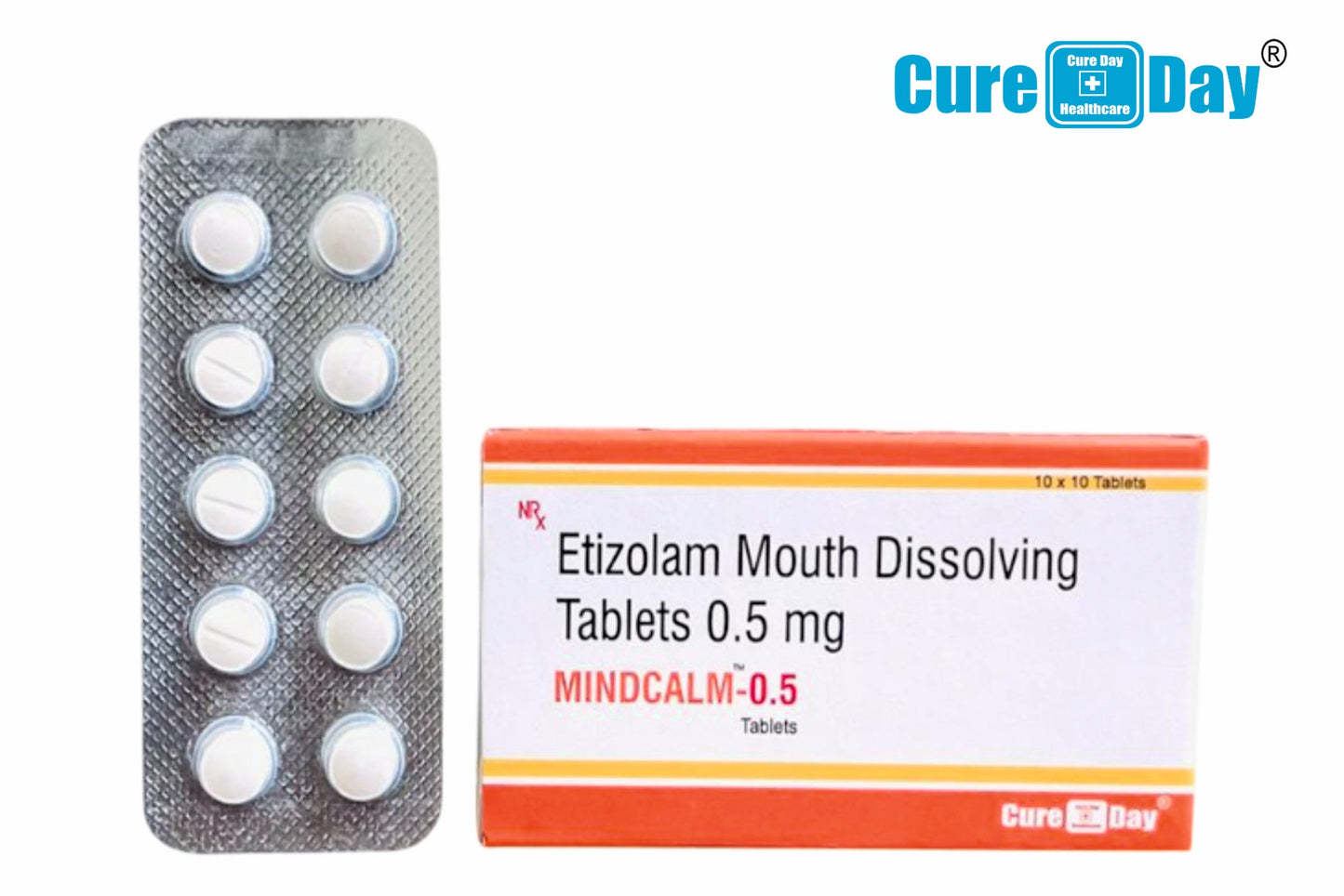 Etizolam mouth dissolving tablets packaging with 'Cure Day' branding on a white background.