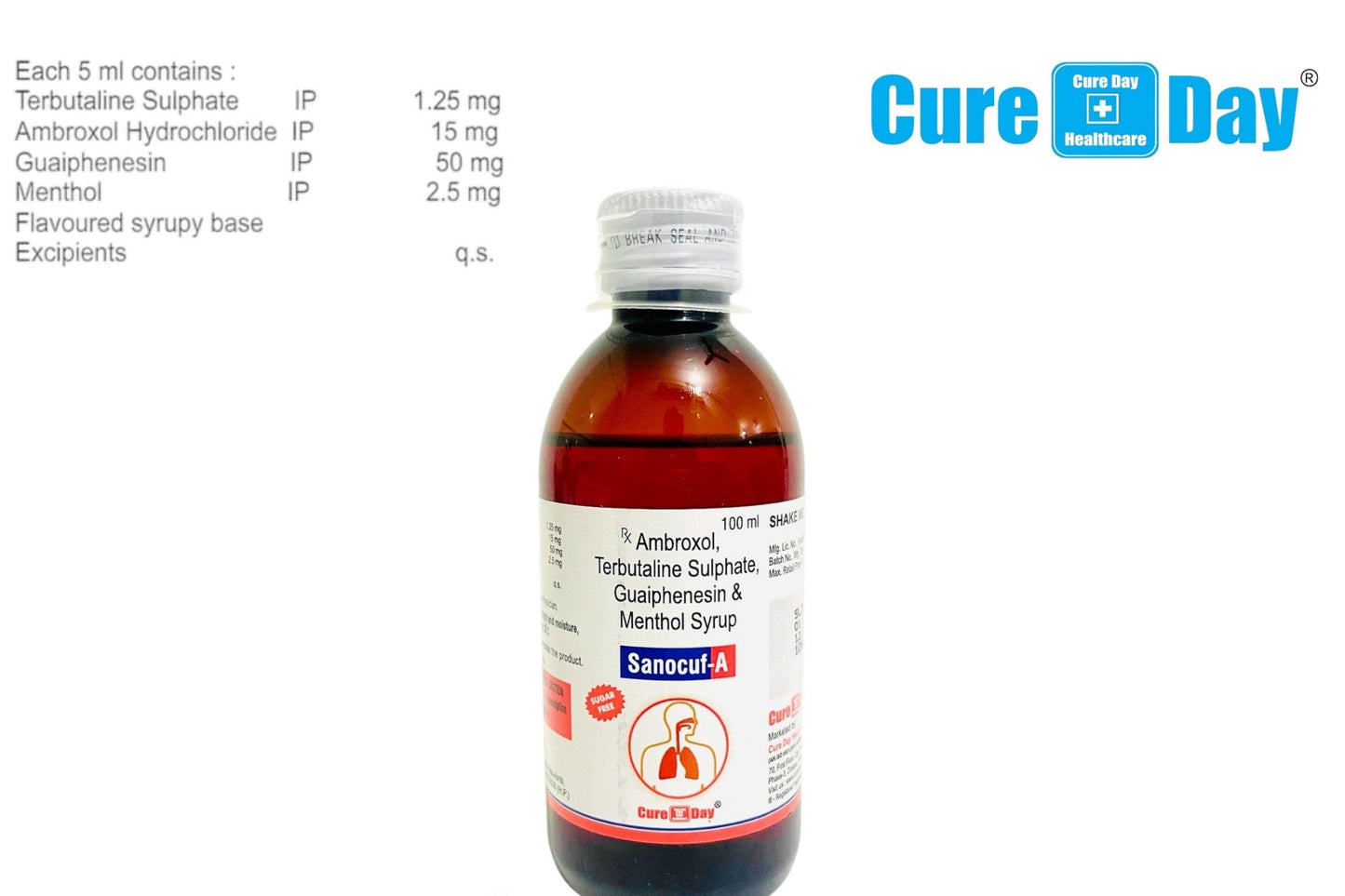 Medicinal syrup bottle with label and Cure Day Healthcare logo on a white background