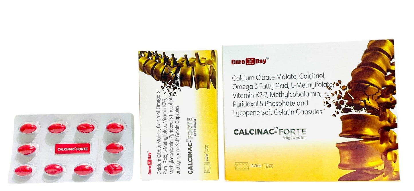 CALCINAC FORTE softgel capsules by Cure Day Healthcare with medicine strip and product box
