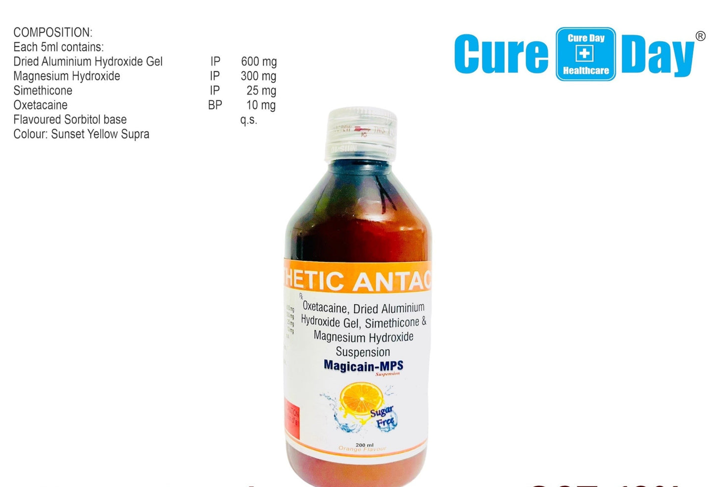 Bottle of a medical syrup with a label on a white background, featuring the 'Cure Day Healthcare' brand.