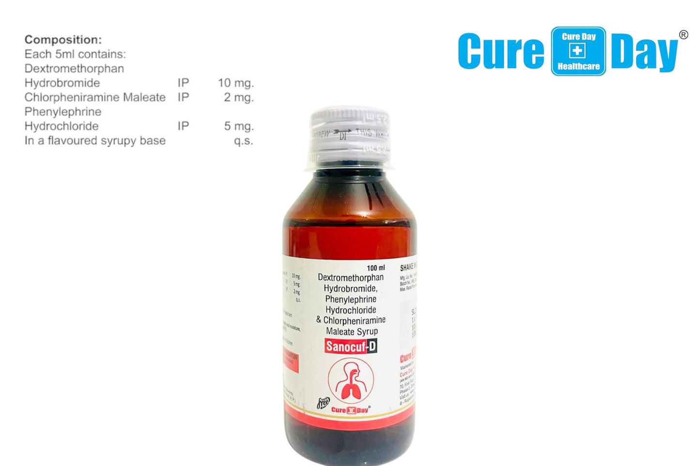 Bottle of Sancut-D syrup with label and Cure Day Healthcare branding on a white background