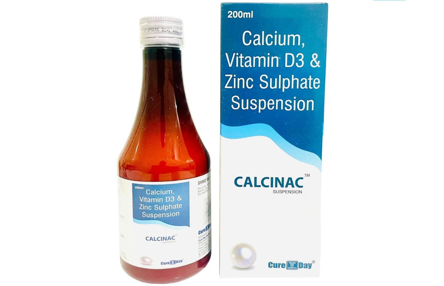 Calcinac suspension bottle and box, Cure Day Healthcare calcium vitamin D3 zinc supplement