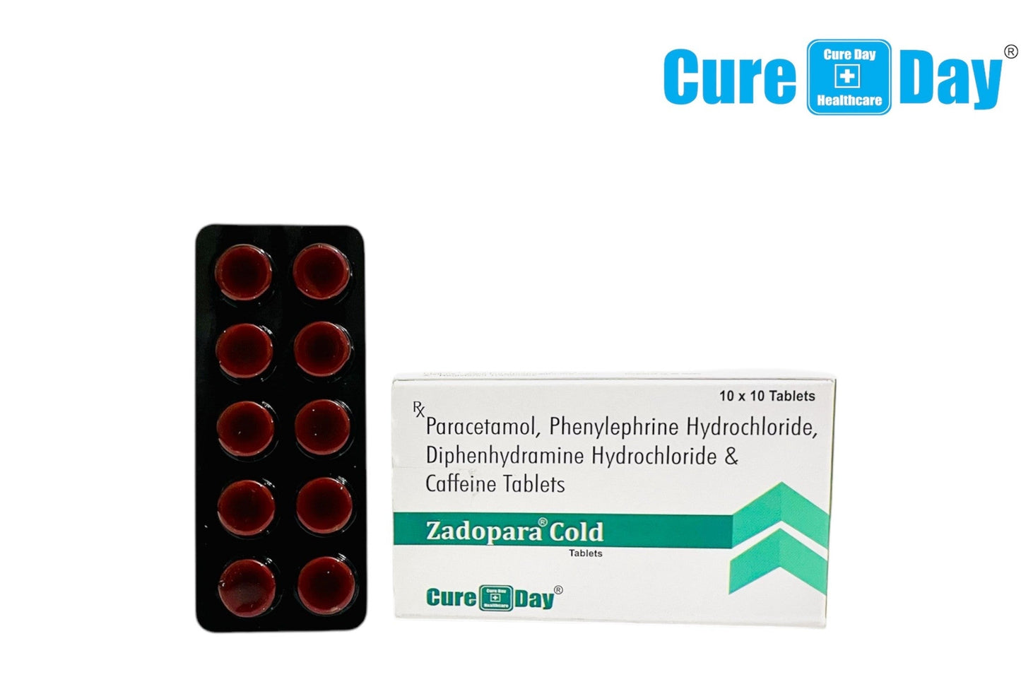 Cure Day Healthcare Zadopara Cold tablets packaging with blister pack on a white background