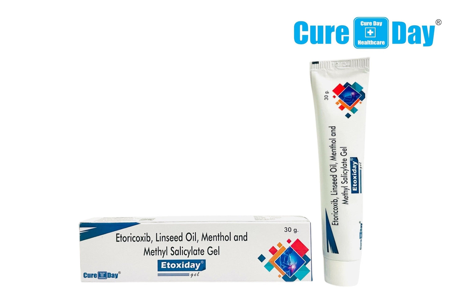 Cure Day Healthcare Etoxiday gel tube and box with price and GST, pharmaceutical branding visible