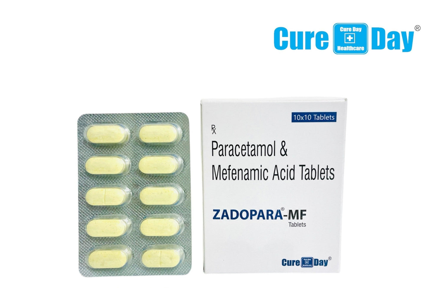 Packaging of Paracetamol & Mefenamic Acid Tablets with Cure Day Healthcare branding.