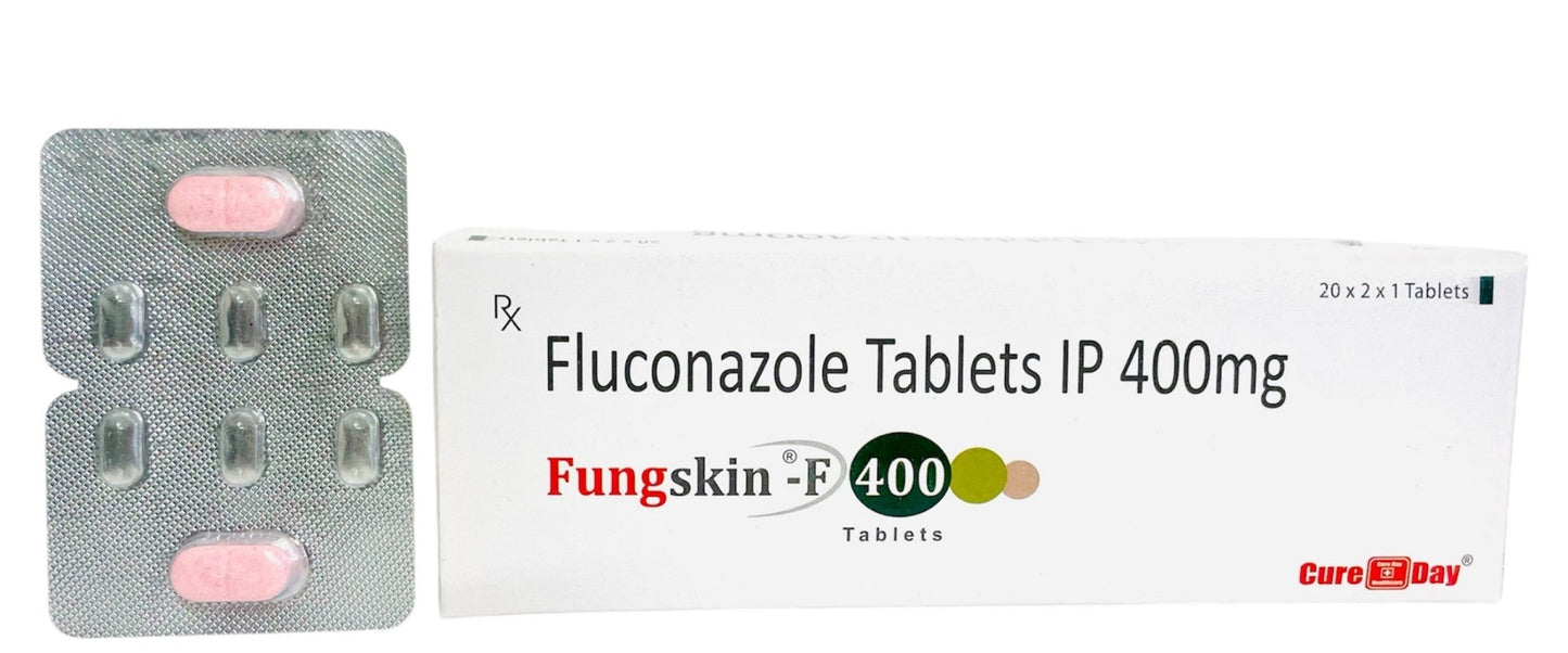 Fluconazole Tablets IP 400mg packaging with Cure Day Healthcare branding on a white background.