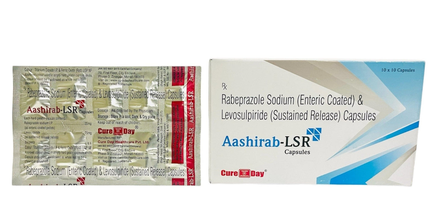 Aashirab-LSR capsules packaging by Cure Day Healthcare, showcasing Rabeprazole Sodium and Levosulpiride medicine.