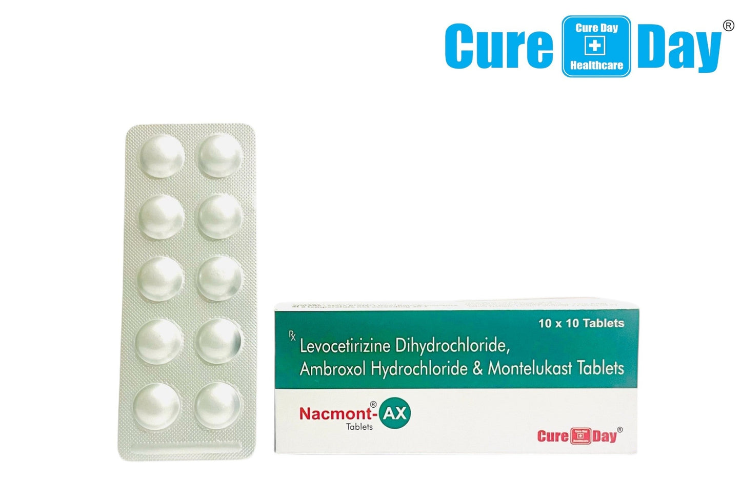 Medication packaging with 'Cure Day Healthcare' branding on a white background