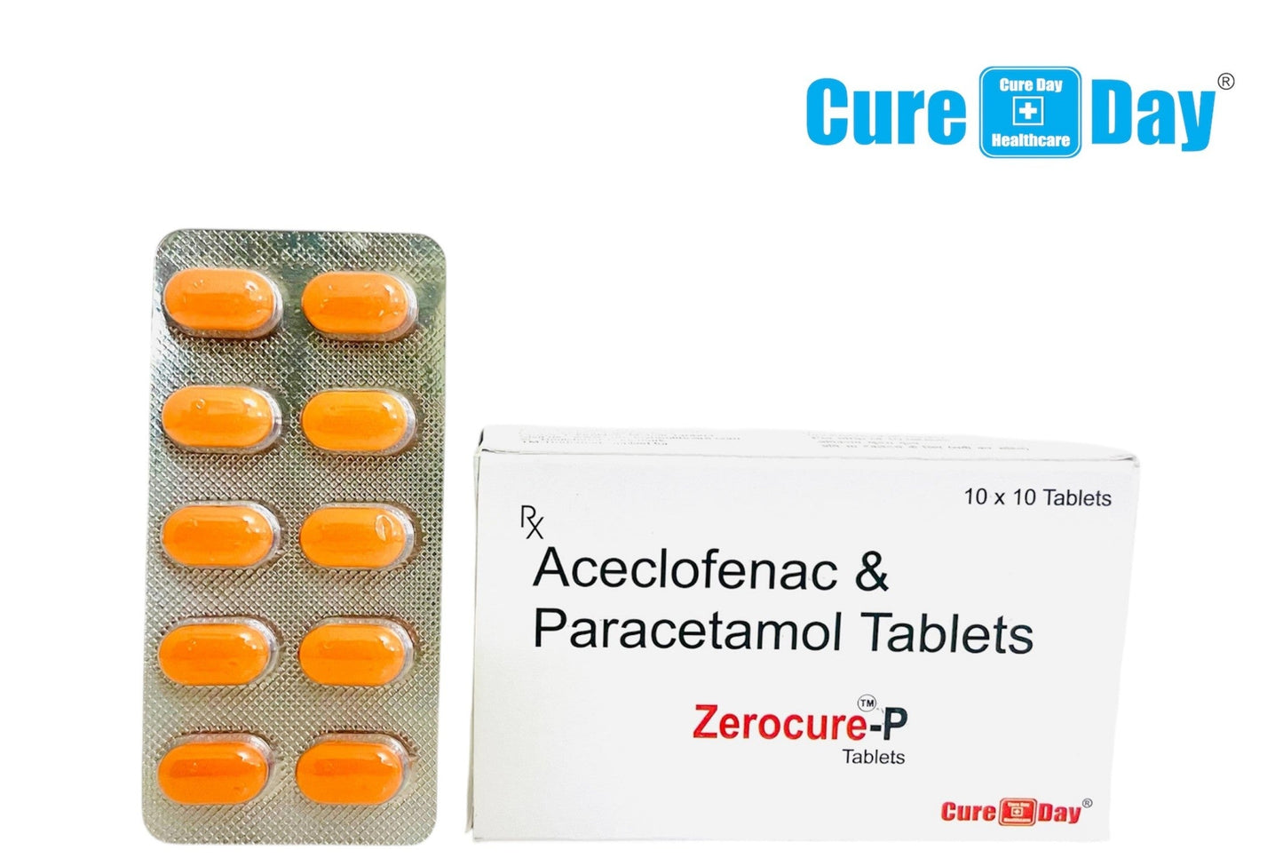 Cure Day Healthcare packaging of Aceclofenac & Paracetamol Tablets with price and branding.