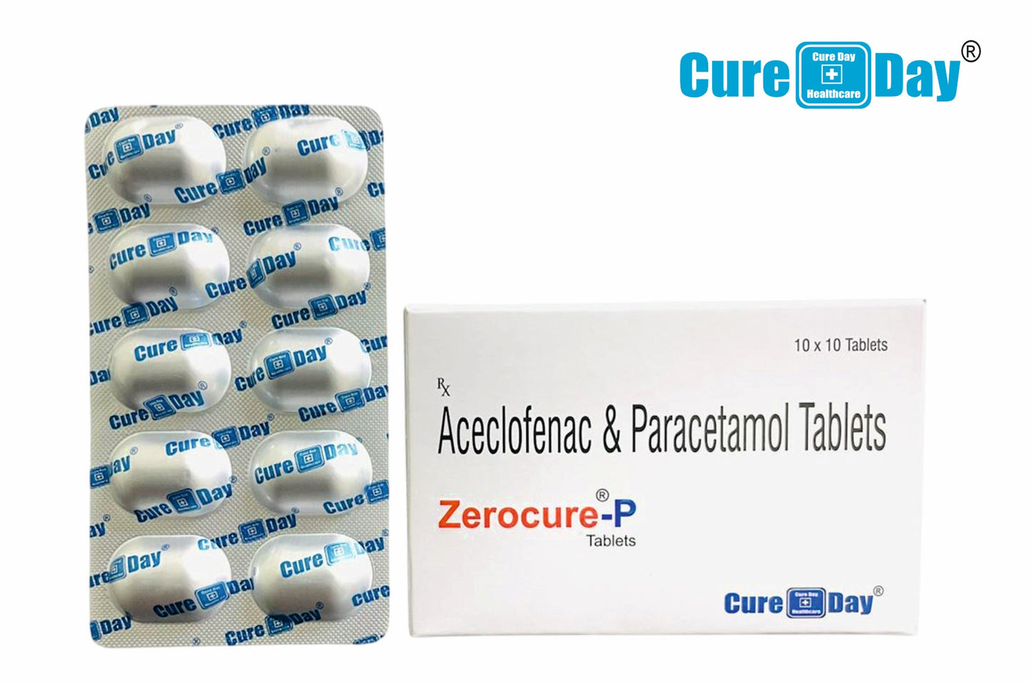 Cure Day Healthcare packaging of Aceclofenac & Paracetamol Tablets with MRP displayed.