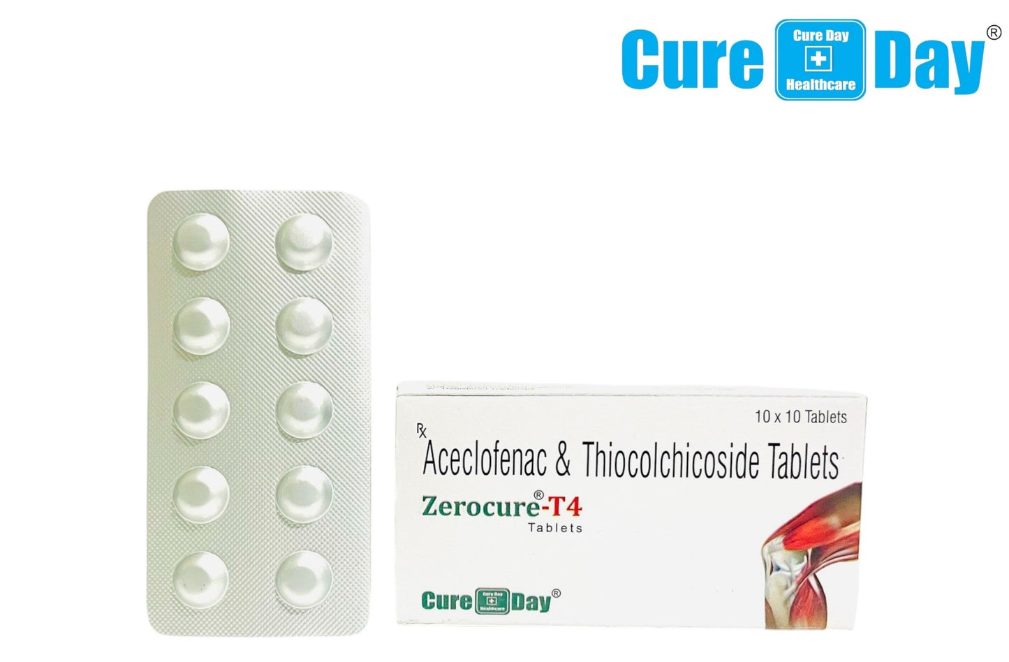 Packaging of Acetominophen and Thiocolchicoside Tablets with Cure Day Healthcare branding.