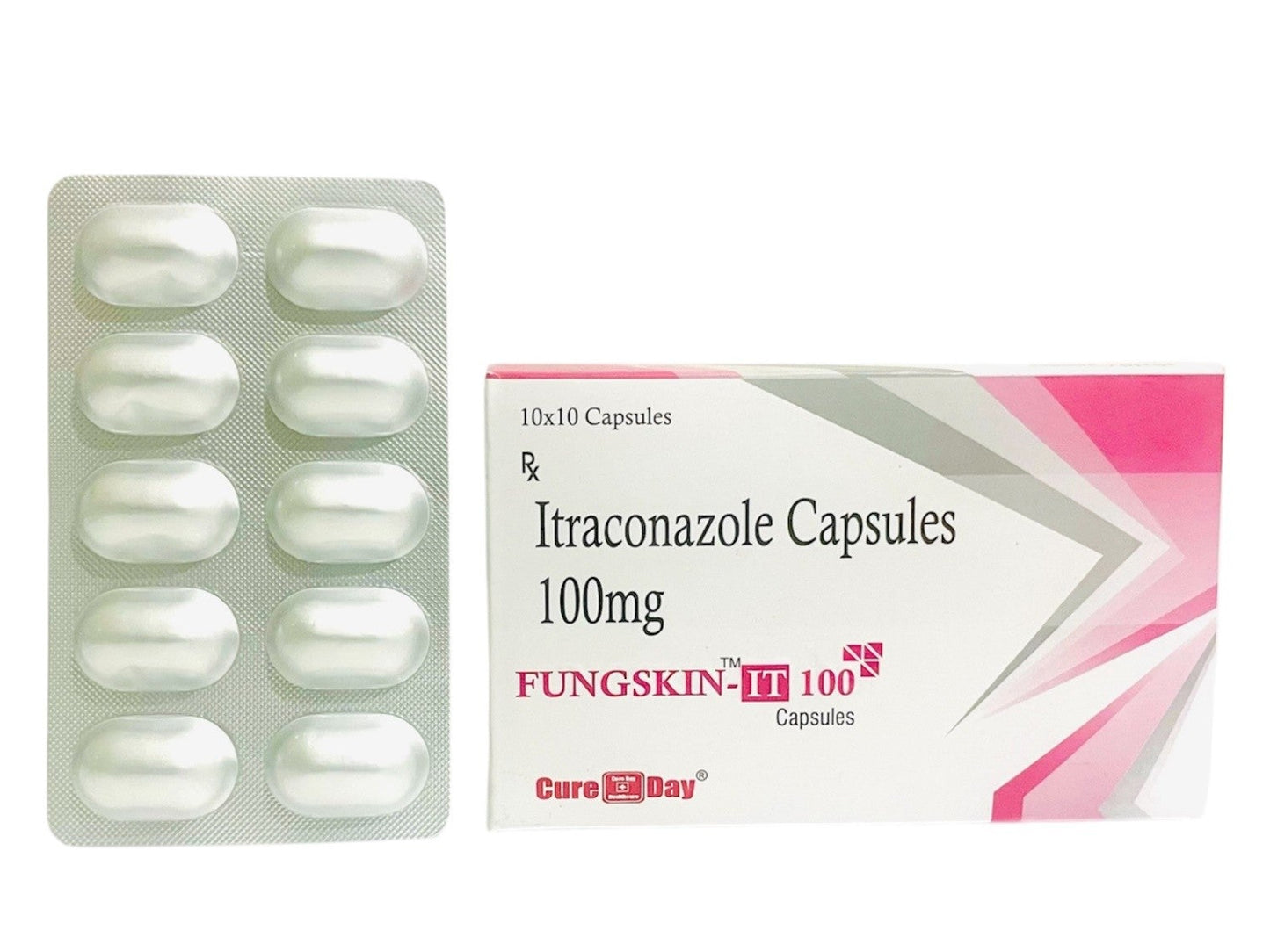 Itraconazole capsules packaging with a box and blister pack on a white background, featuring Cure Day Healthcare branding.