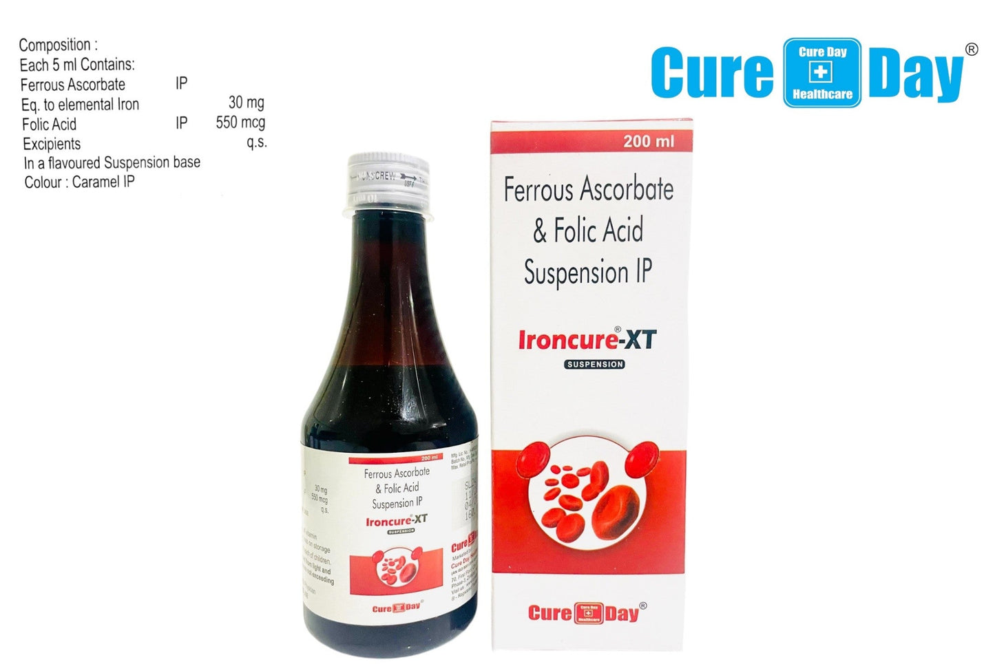 Cure Day Healthcare product with bottle and packaging on a white background
