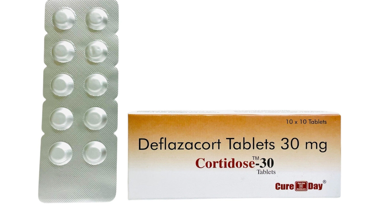 Deflazacort 30 mg tablets Cortidose-30 by Cure Day Healthcare with blister pack and box