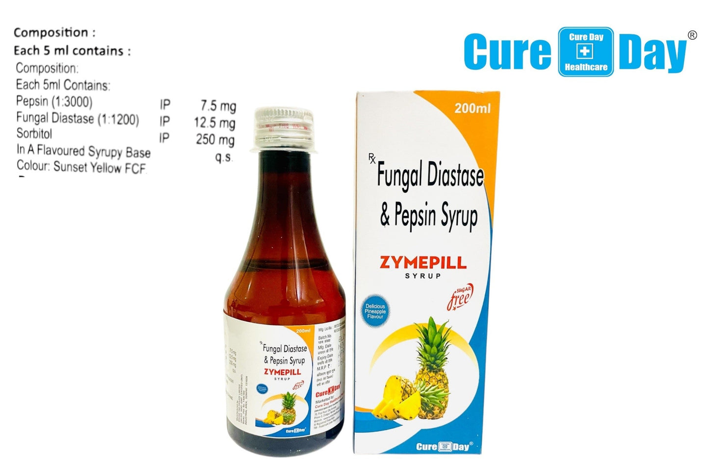 Zymepill syrup bottle and box with Cure Day Healthcare branding on a white background