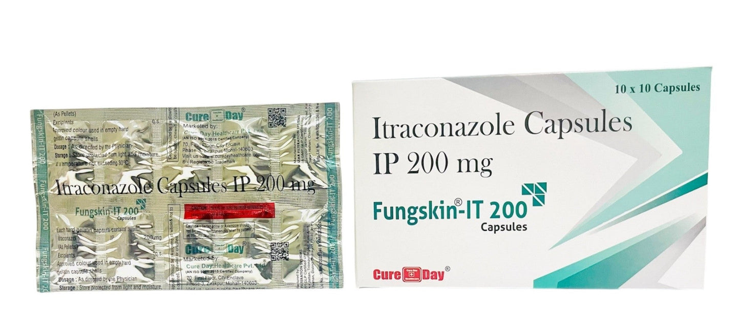 Itraconazole capsules packaging with 'Cure Day' branding on a white background