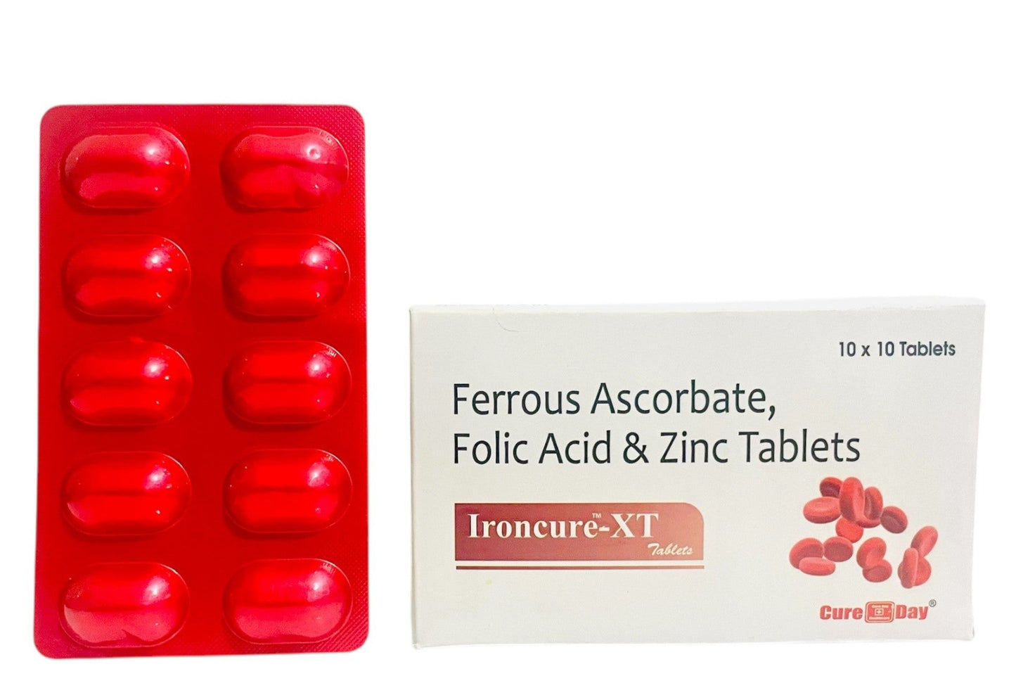 Red blister pack of tablets with a box labeled 'Cure Day Healthcare' on a white background.
