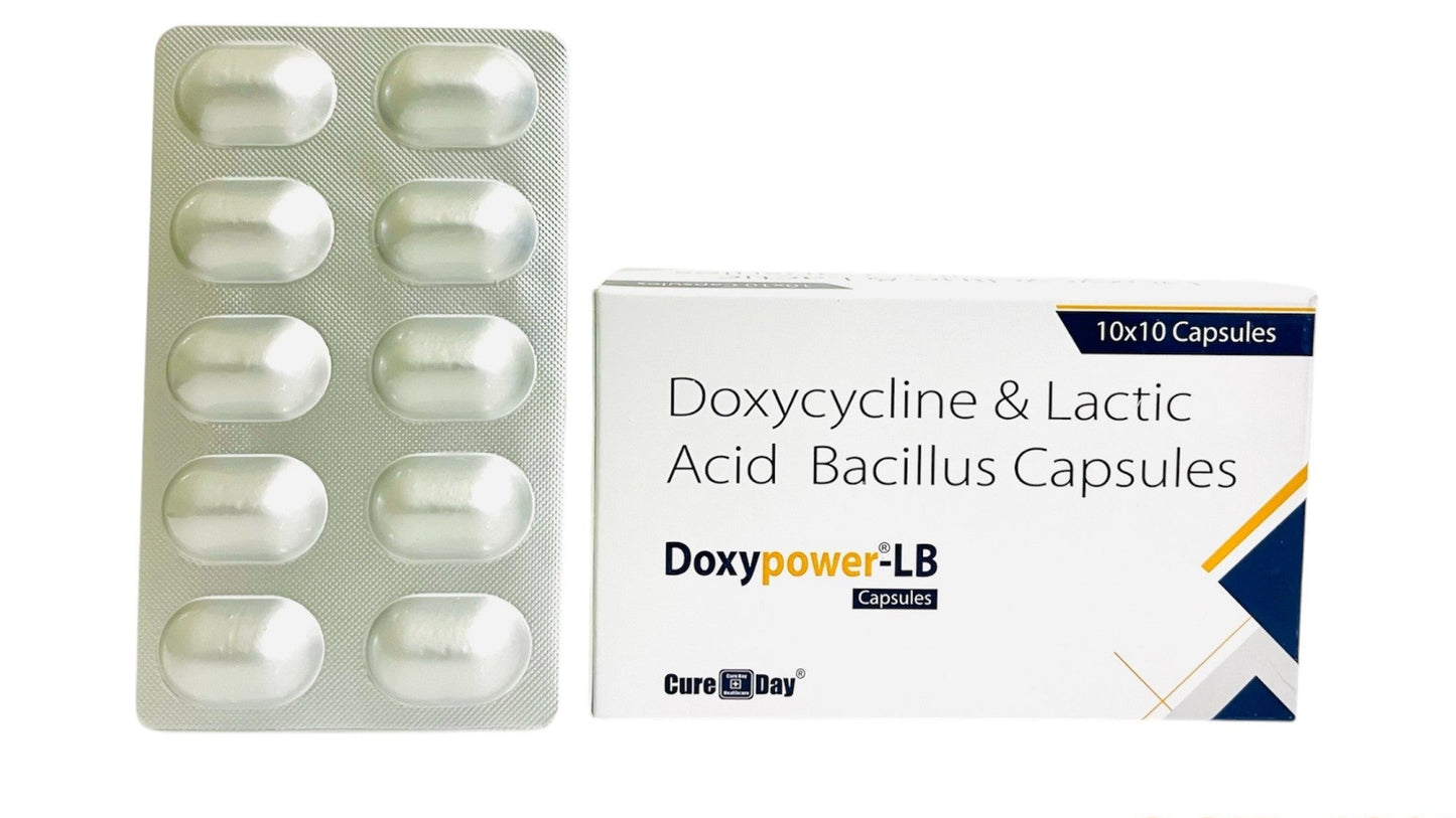 Doxycycline and Lactic Acid Bacillus capsules packaging with Cure Day Healthcare branding on a white background.