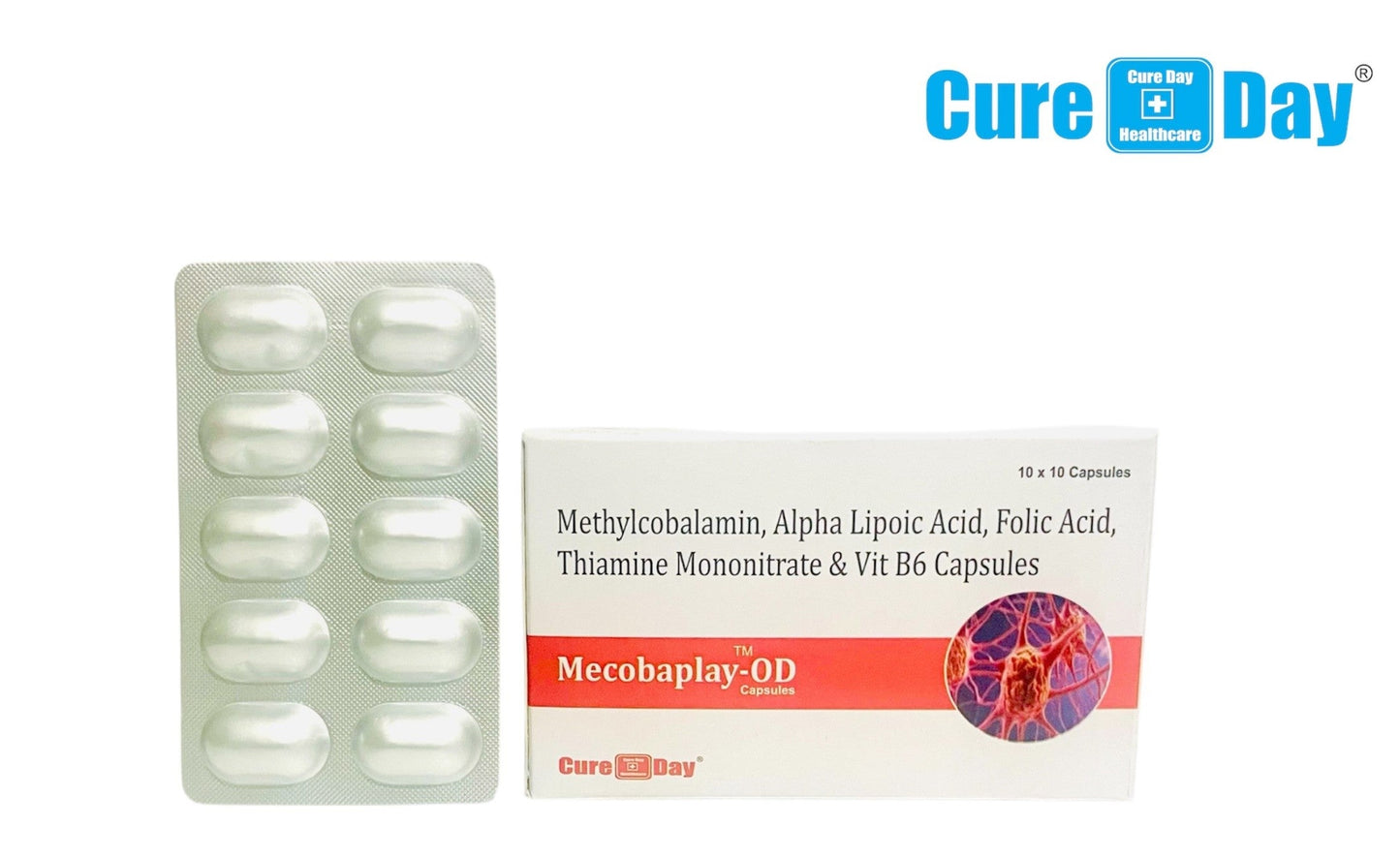 Cure Day Healthcare packaging of Mecobaplay-OD capsules with a blister pack on a white background.
