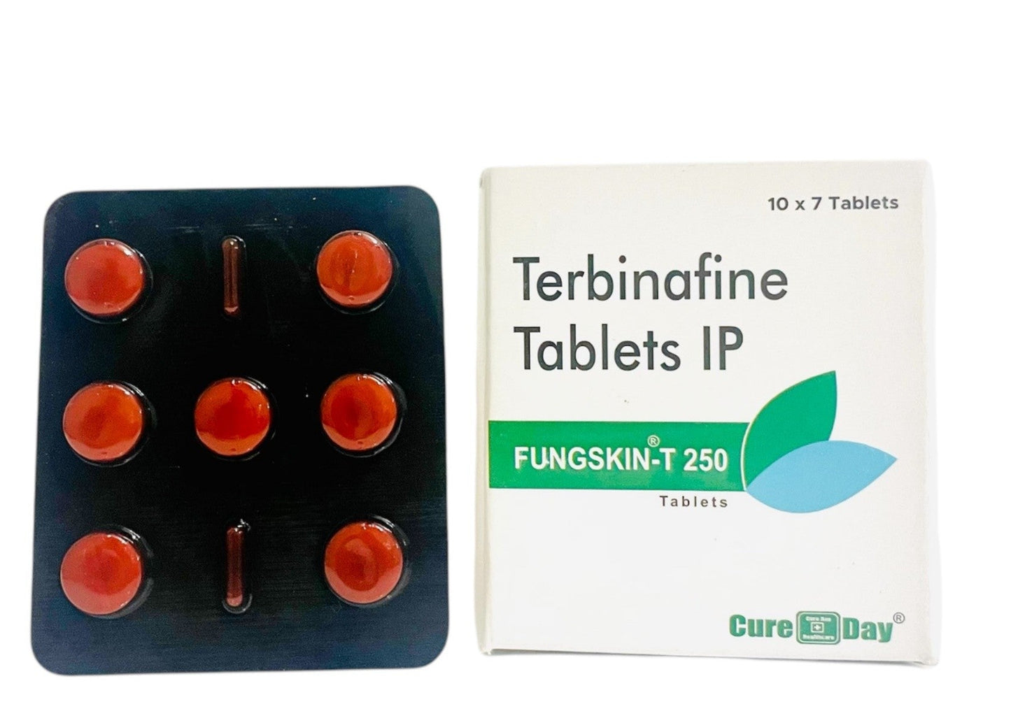 Terbinafine tablets and packaging with Cure Day Healthcare branding on a white background.