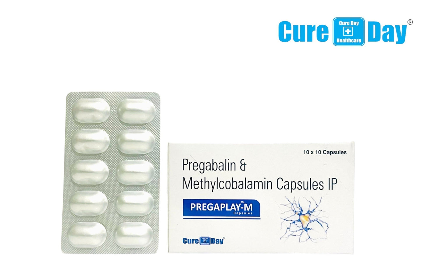 Cure Day Healthcare packaging of Pregabalin & Methylcobalamin Capsules IP with tablets on a white background.