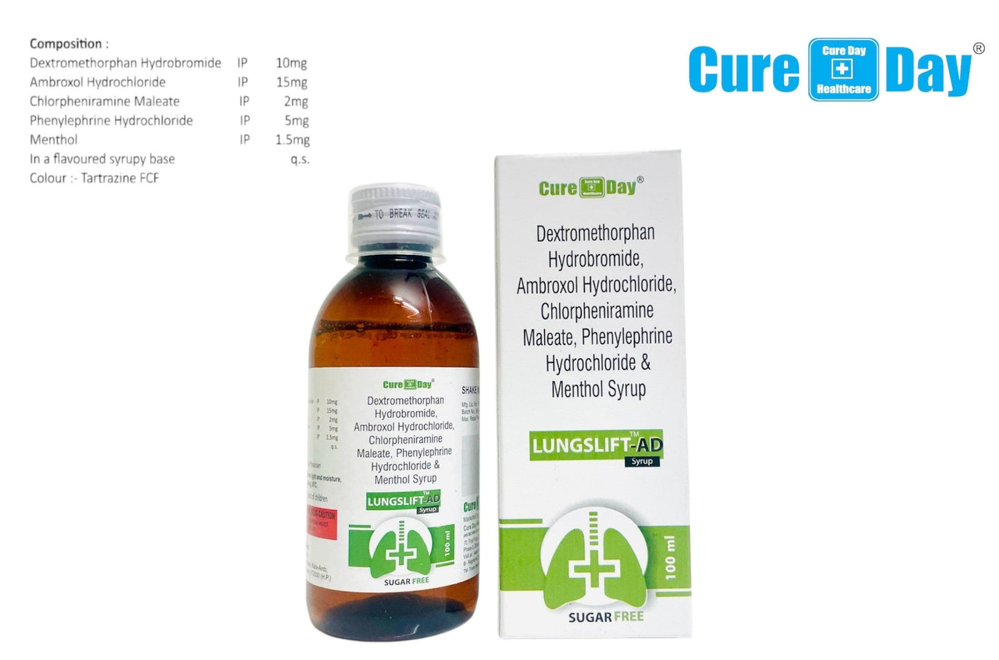 Cure Day Healthcare syrup bottle and packaging on a white background