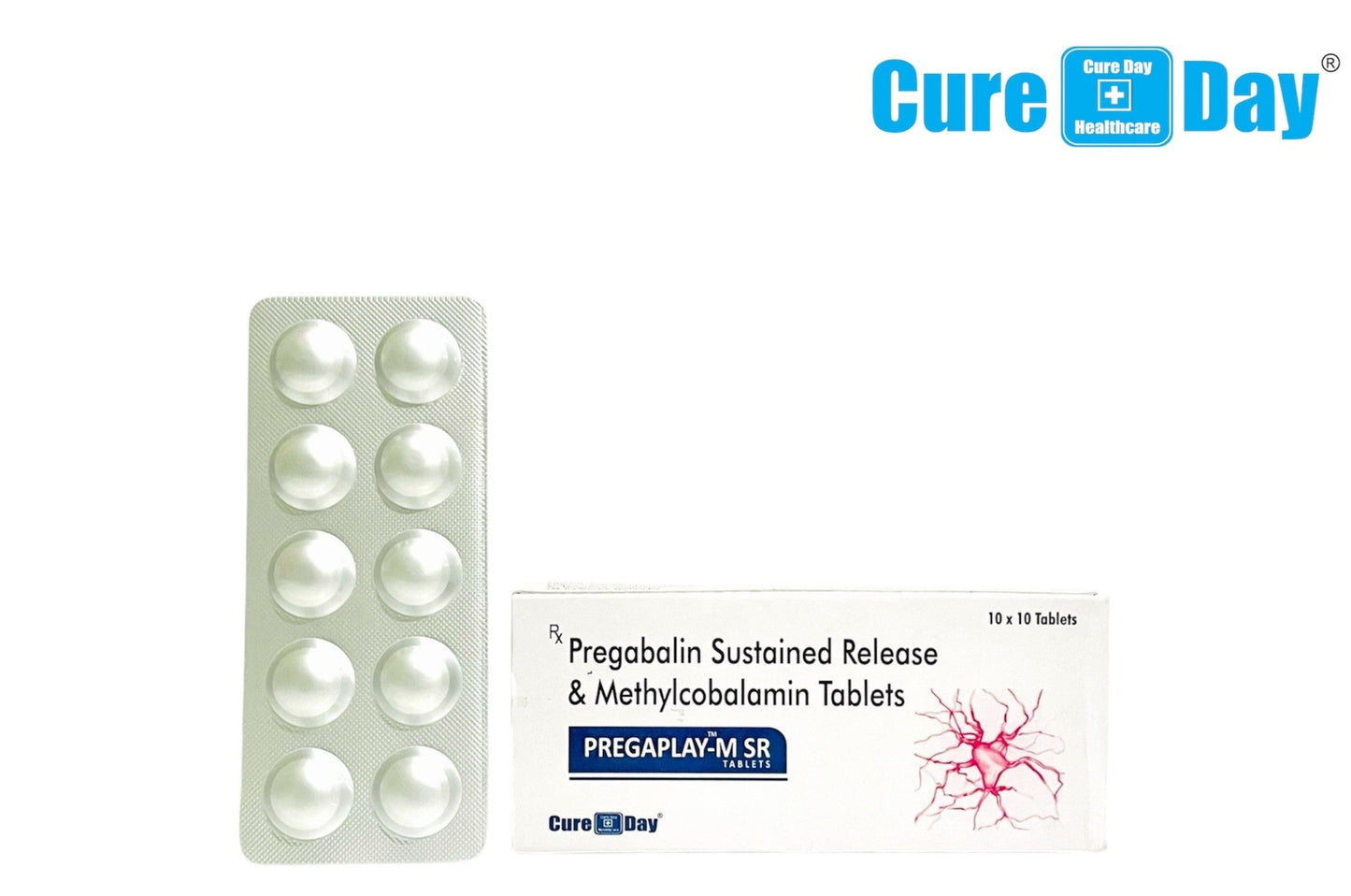 Cure Day Healthcare packaging of Pregabalin sustained release and Methylcobalamin tablets with a price tag.