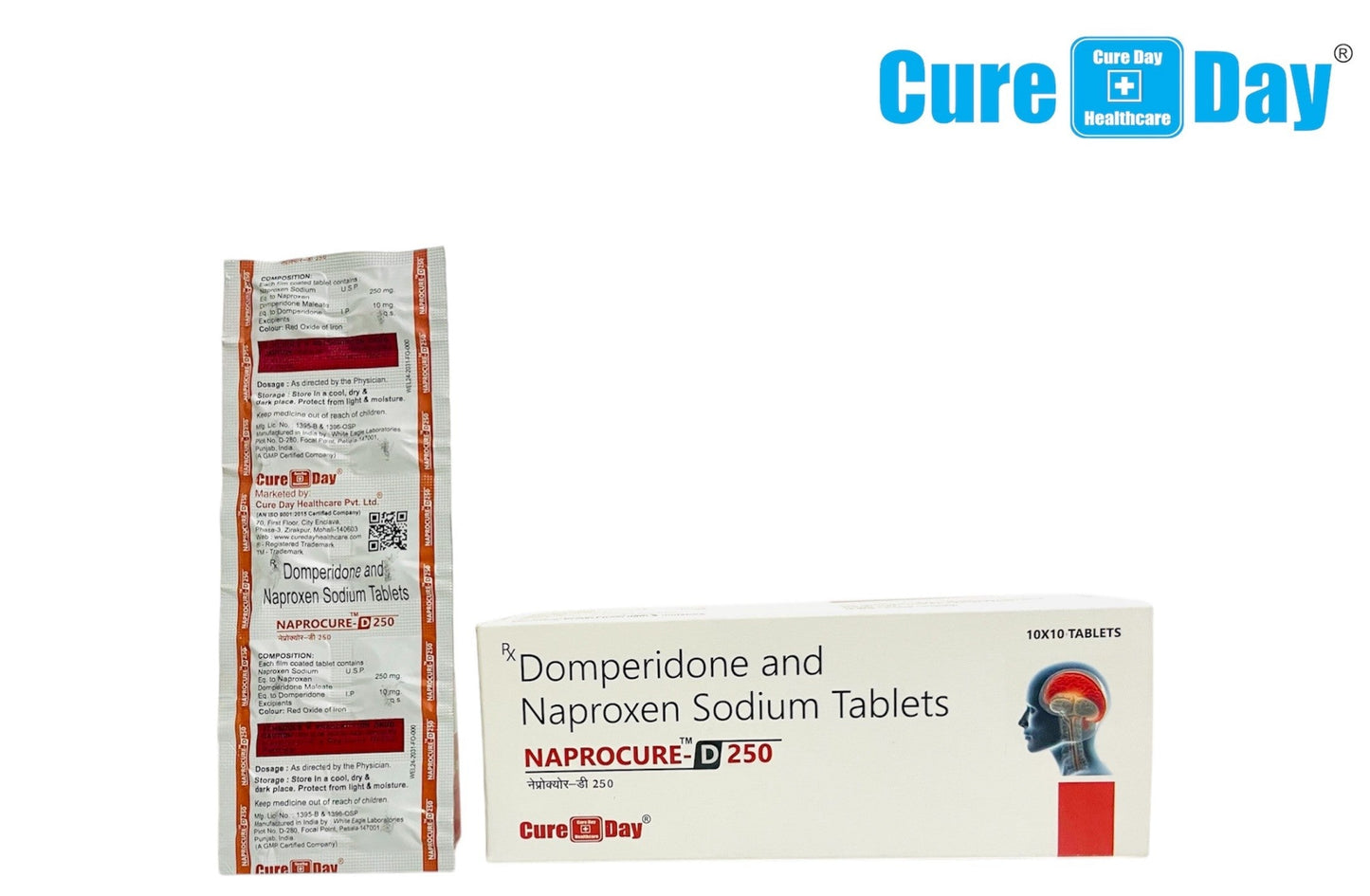 Cure Day Healthcare packaging of Domperidone and Naproxen Sodium Tablets with MRP and GST information.