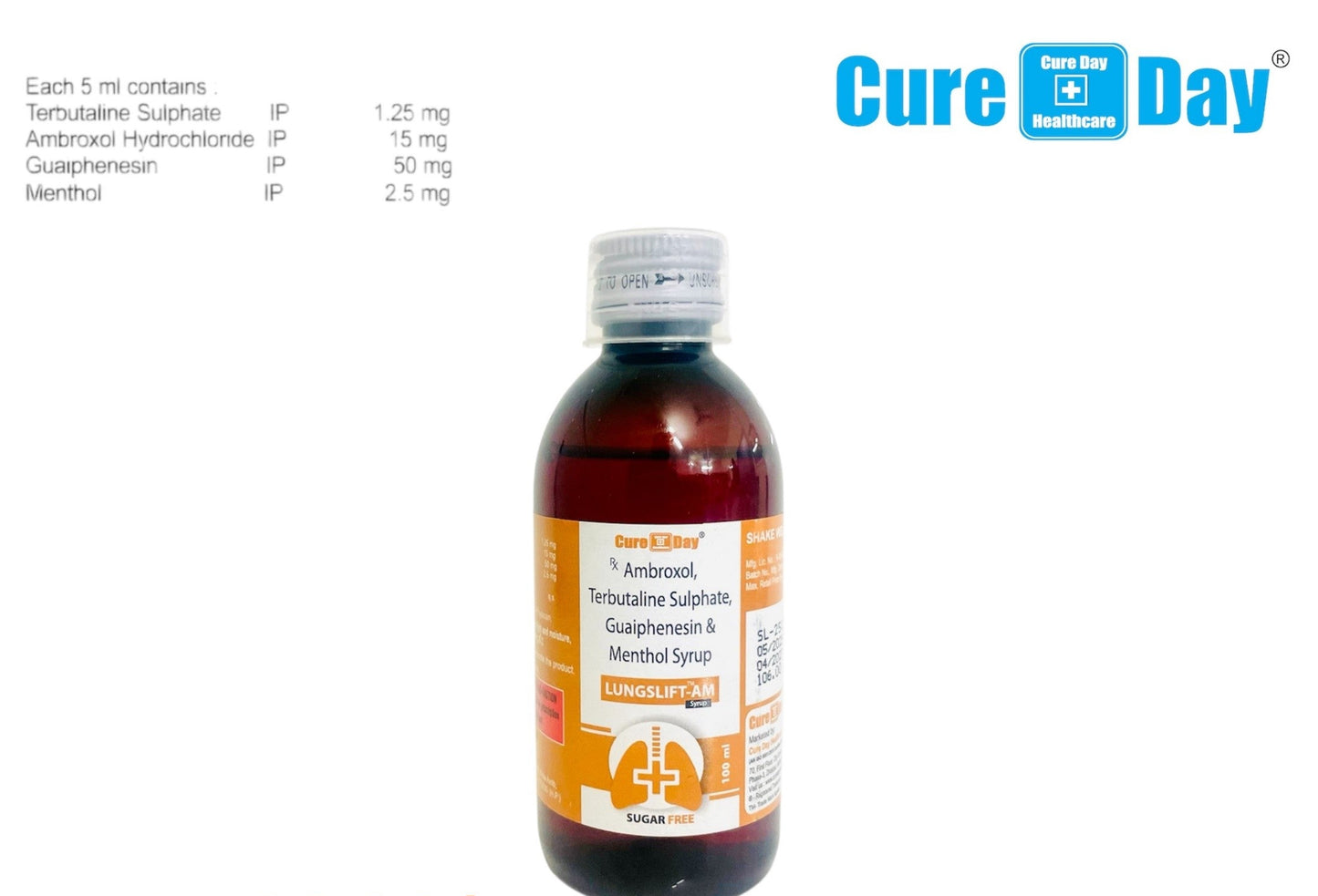 Bottle of Cure Day Healthcare medicine with label and branding on a white background