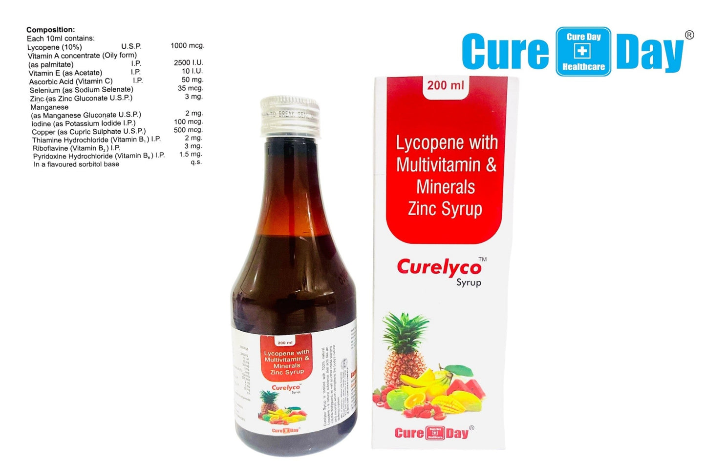 Cure Day Healthcare Curelyco syrup bottle and packaging for lycopene multivitamin mineral zinc supplement