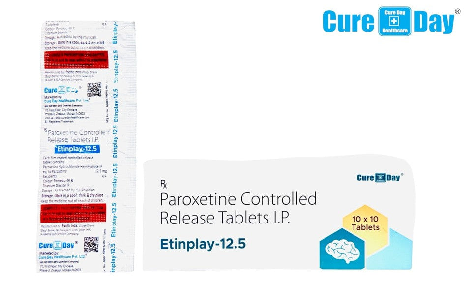Cure Day Healthcare packaging for Paroxetine Controlled Release Tablets I.P. with MRP and GST information.
