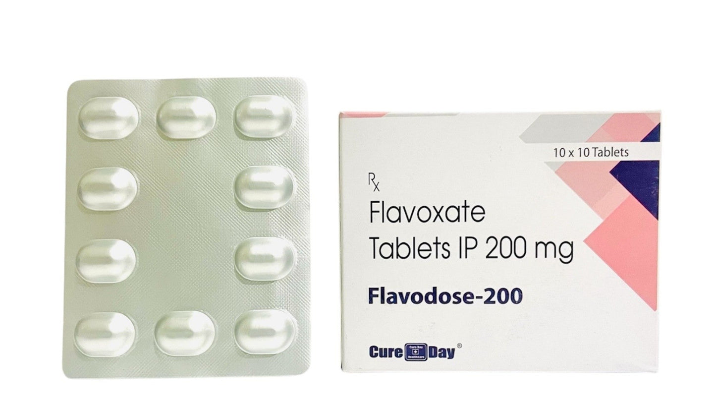 Flavoxate tablets and packaging with Cure Day Healthcare logo on a white background