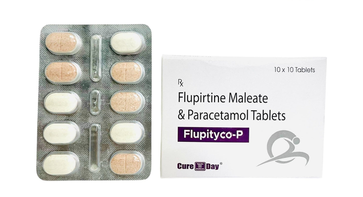 Cure Day Healthcare packaging of Flupityco-P tablets with blister pack and box on a white background.