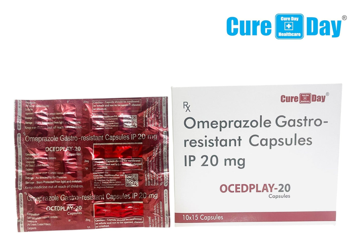 Omeprazole gastro-resistant capsules packaging with Cure Day Healthcare branding.