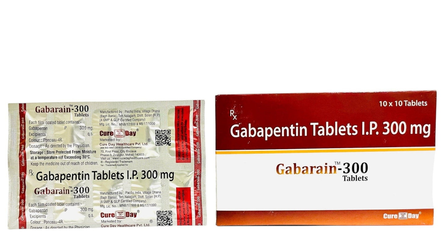 Gabapentin tablets packaging with 'Cure Day Healthcare' branding on a white background.