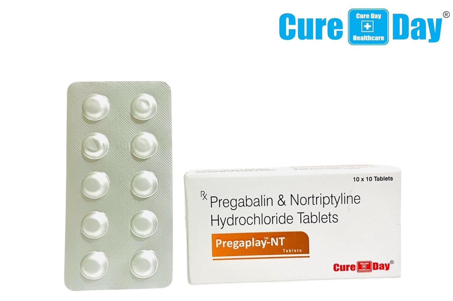 Pregabalin & Nortriptyline Hydrochloride Tablets packaging with Cure Day Healthcare branding.