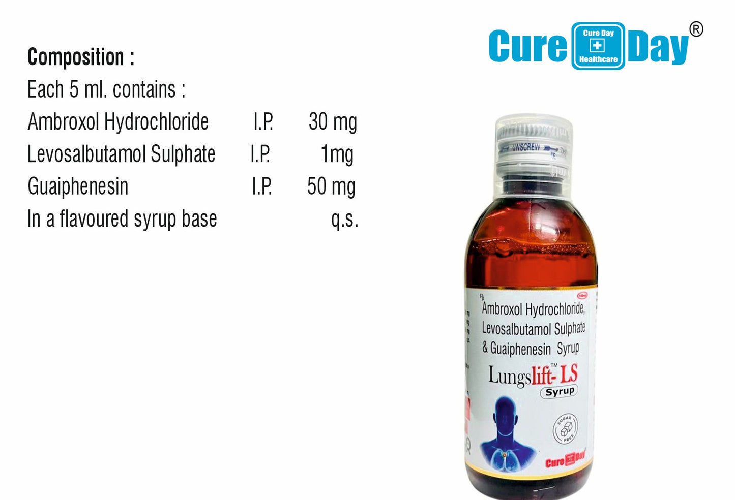 Bottle of Lung Lift LS Syrup with label and Cure Day branding on a white background