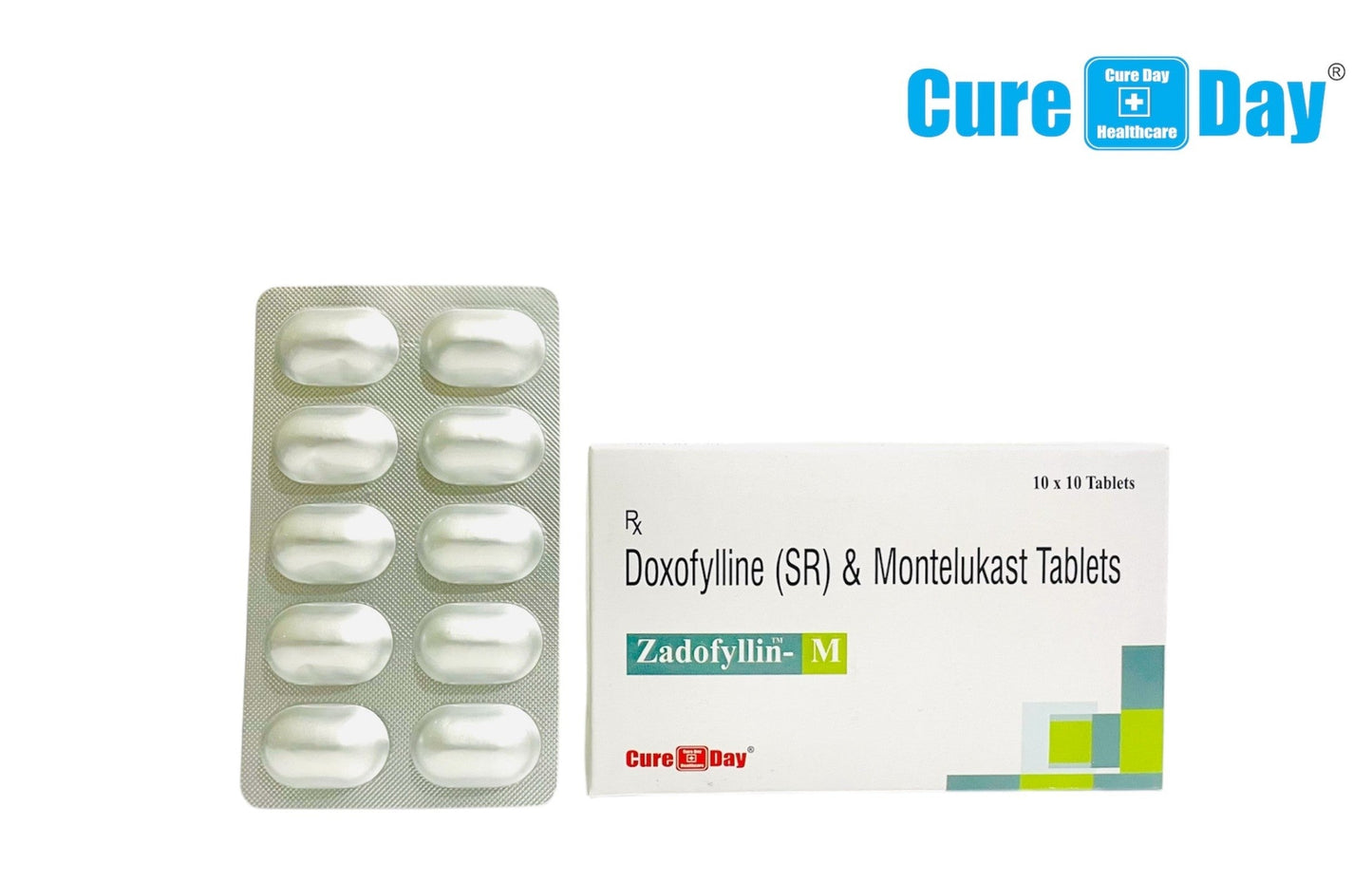 Packaging of Doxofylline (SR) & Montelukast Tablets with Cure Day Healthcare branding on a white background.