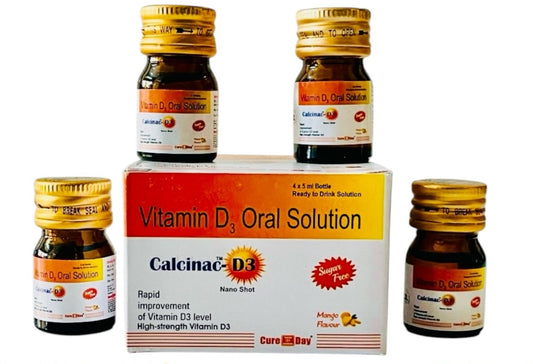 Calcinac D3 Vitamin D3 oral solution bottles and box, Cure Day Healthcare, India pharma