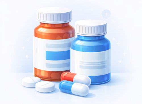 Two pill bottles with white caps on a light blue background