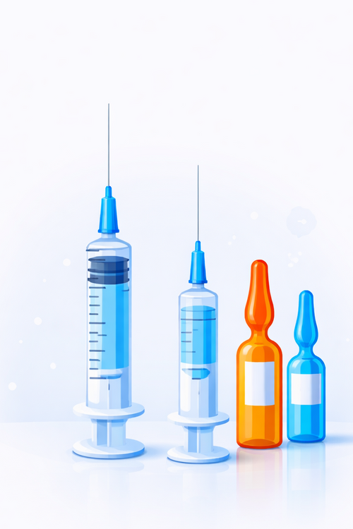 Medical syringes and vials on a white background